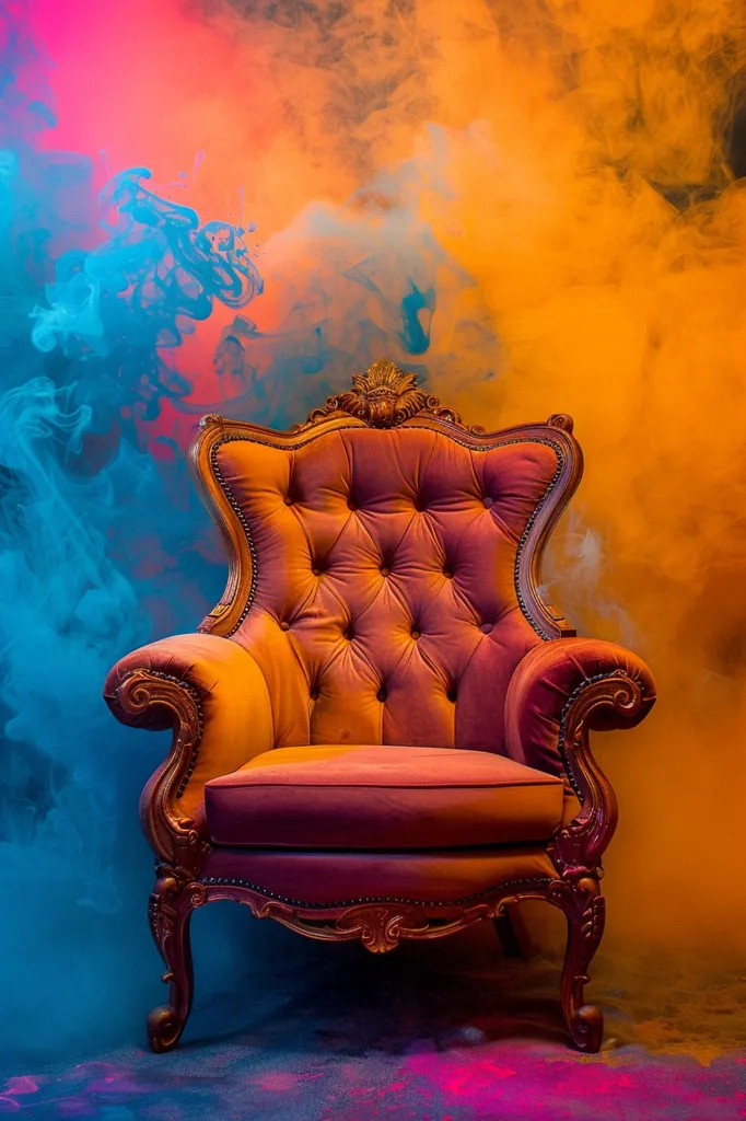 A regal, burgundy velvet armchair with intricate gold detailing stands against a backdrop of vibrant orange and blue smoke. The chair's ornate design and rich upholstery create a sense of grandeur and luxury, while the swirling smoke adds an ethereal and dramatic touch to the scene. The contrast of colors and textures creates a visually striking image that evokes feelings of mystery and intrigue.