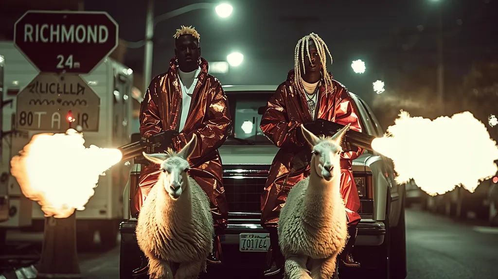 Two men in red jackets are riding white llamas. They are holding guns that are firing flames. The men are standing on the back of a car, and there is a street sign in the background. The scene is lit by streetlights and has a dark and gritty atmosphere. The image is visually striking and full of action.