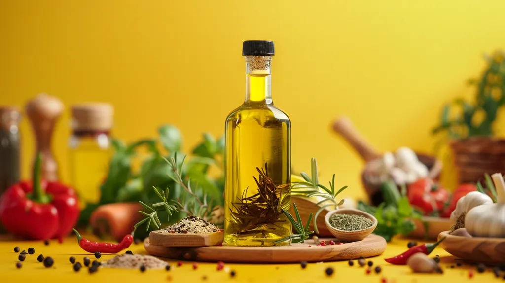 A bottle of olive oil sits in the center of a rustic wooden table, surrounded by a variety of fresh herbs, spices, and vegetables. The yellow background creates a bright and inviting scene, perfect for a culinary setting. The image evokes a sense of freshness, flavor, and the joy of cooking.