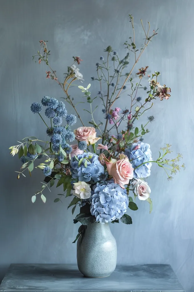 A delicate arrangement of blue hydrangeas, pink roses, and other wildflowers in a muted blue vase sits on a gray table. The bouquet is positioned in front of a light blue wall, creating a soft and ethereal aesthetic. The natural beauty of the flowers is enhanced by the muted colors and simple setting.