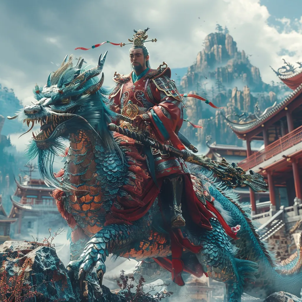 A majestic, blue dragon with gold scales and a fierce expression carries a regal figure. The figure is adorned in ornate red and gold robes, a golden crown on their head. They hold a staff, their gaze focused ahead. The background features a mountainous landscape with a partially obscured traditional Chinese building, adding a sense of mystery and grandeur to the scene.  The image evokes a sense of ancient power and mythical adventure.