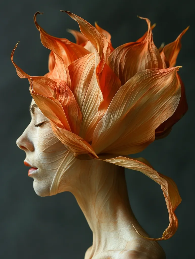 A woman's face and neck are obscured by a large, orange flower. The flower's petals are delicate and translucent, creating a sense of ethereal beauty. The woman's eyes are closed, and her lips are slightly parted, suggesting a state of peaceful contemplation. The image is a study in contrasts, with the vibrant color of the flower against the muted tones of the woman's skin. The overall effect is one of mystery and allure.