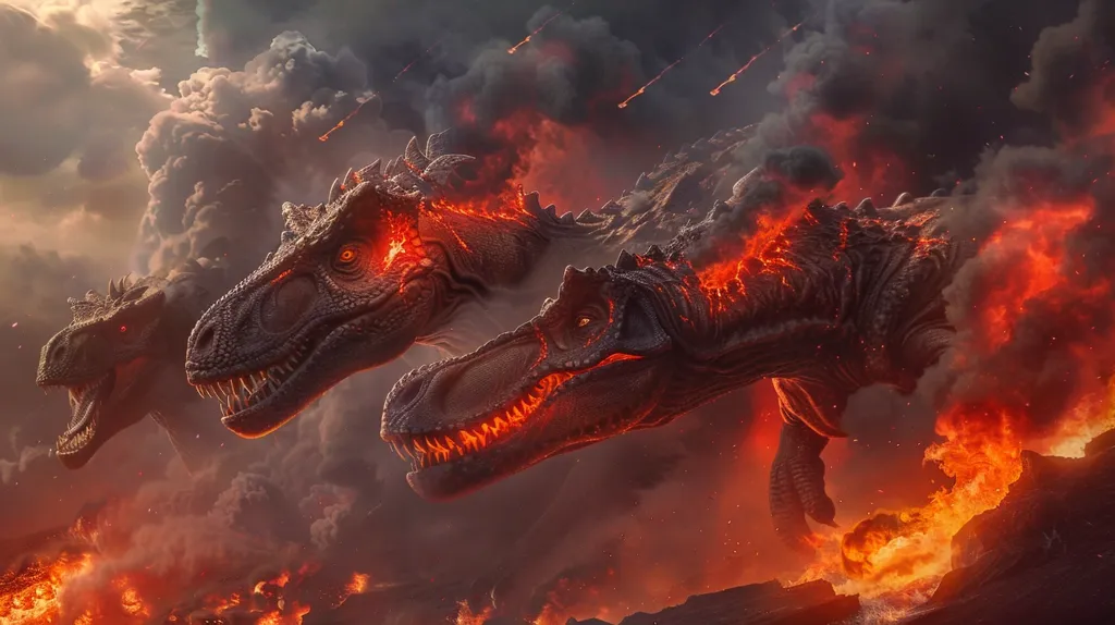Three large dinosaurs stand in a fiery landscape. The sky is filled with dark clouds and streaks of red. The dinosaurs are engulfed in flames, their eyes glowing red.  A sense of danger and destruction pervades the scene. The fiery landscape and the menacing dinosaurs create a powerful and dramatic image.