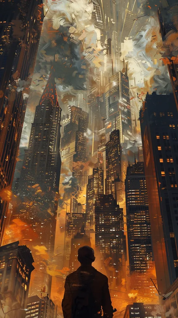A lone figure stands in the middle of a futuristic cityscape, surrounded by towering skyscrapers that pierce the clouds. The city is ablaze with warm, orange light, casting long shadows across the streets. A sense of mystery and wonder fills the air, as if the viewer has stumbled upon a hidden world. The artwork evokes a feeling of both awe and unease, hinting at the vast scale and unknown possibilities of the future.