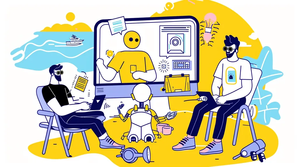 The image depicts a group of people working on a project. One person is on a video call with a yellow avatar. Two other people are sitting in chairs and using laptops. A white robot is in the middle, seemingly observing the group. The setting appears to be casual and relaxed, perhaps a beachside work space. The vibrant colors and simple cartoon style create a playful and lighthearted tone.