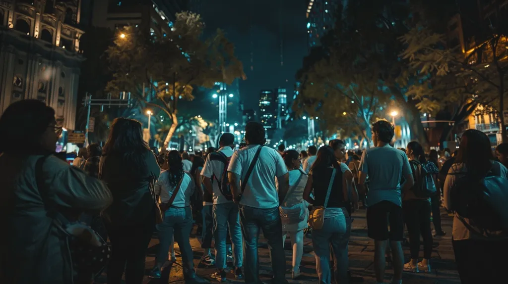 A crowd of people walk down a street at night, illuminated by street lamps and the glow of the city in the distance. The people are mostly obscured by shadows, but their silhouettes are visible against the light.  Tall buildings and trees line the street, creating a sense of urban density. The scene is calm and peaceful, capturing the everyday life of a city at night.