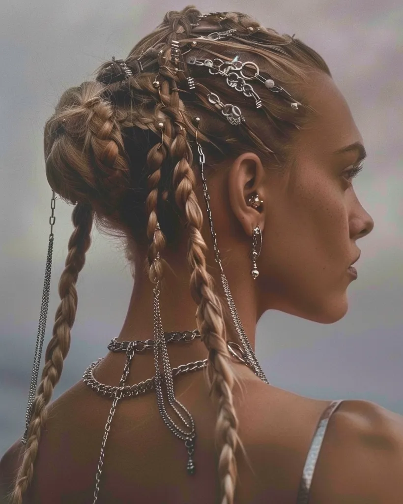 A woman with long blonde hair styled in braids is adorned with silver chains and jewelry. Her hair is pulled back in a half-up style, and she has a necklace and earrings made of chains. She is looking off to the side with a soft expression, and the image has a muted color palette that creates a sense of calmness.