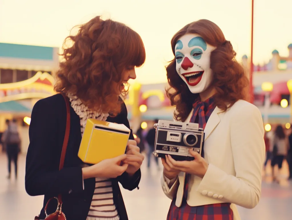 Two women stand in front of a carnival background. The woman on the left has long, curly red hair and is holding a yellow box. The woman on the right is wearing a clown mask and holding a vintage camera. They both appear to be smiling.  The image has a bright, vintage filter.