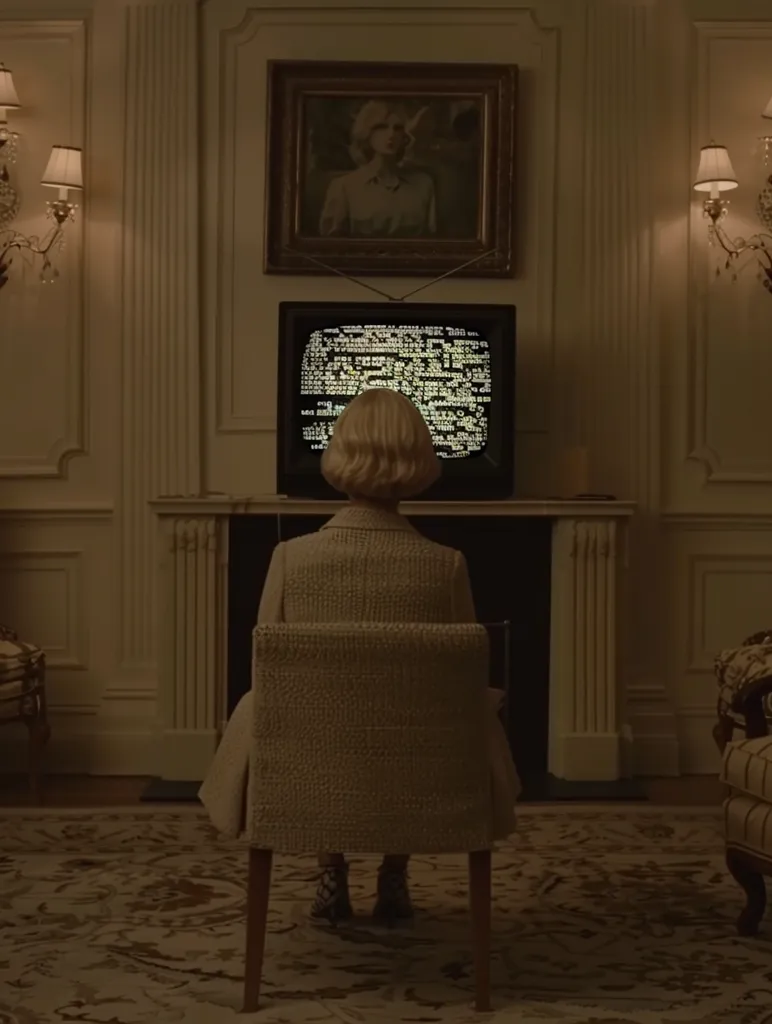A woman in a white coat sits in a beige chair, facing a vintage television set displaying a screen full of green text. The room is decorated in a muted color scheme with soft lighting and a patterned rug.  A framed portrait of a woman hangs on the wall above the television.  The overall atmosphere is quiet and contemplative.  The setting suggests a domestic interior in a bygone era.