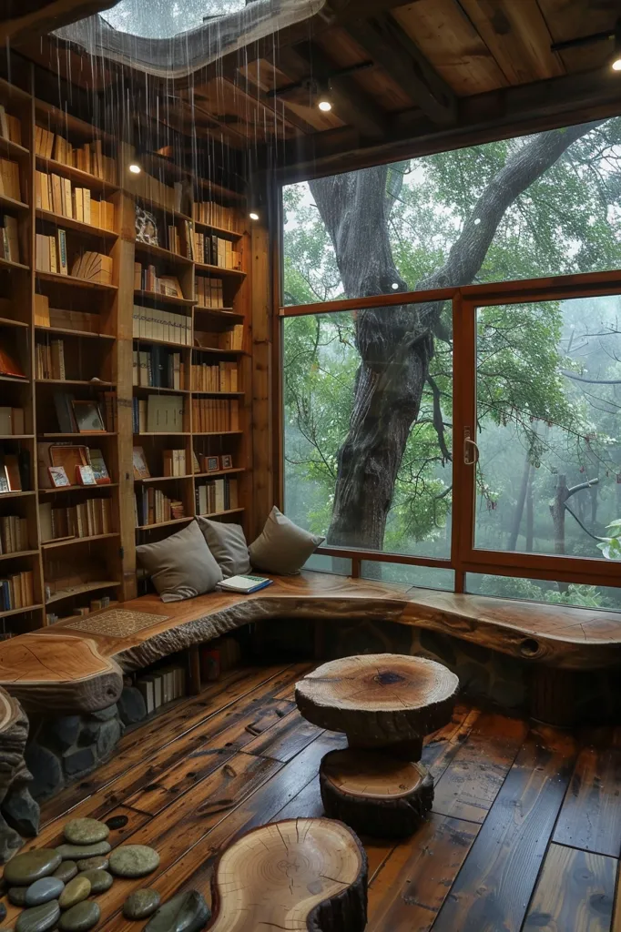 A wooden cabin with a large window looking out at a lush green forest. Rain falls through a hole in the ceiling, creating a cozy and atmospheric scene. The room features a large wooden bookshelf filled with books and a comfortable-looking bench with pillows, perfect for reading and enjoying the view. A rustic wooden table and stool add to the charm of the space. The natural elements create a sense of peace and tranquility.