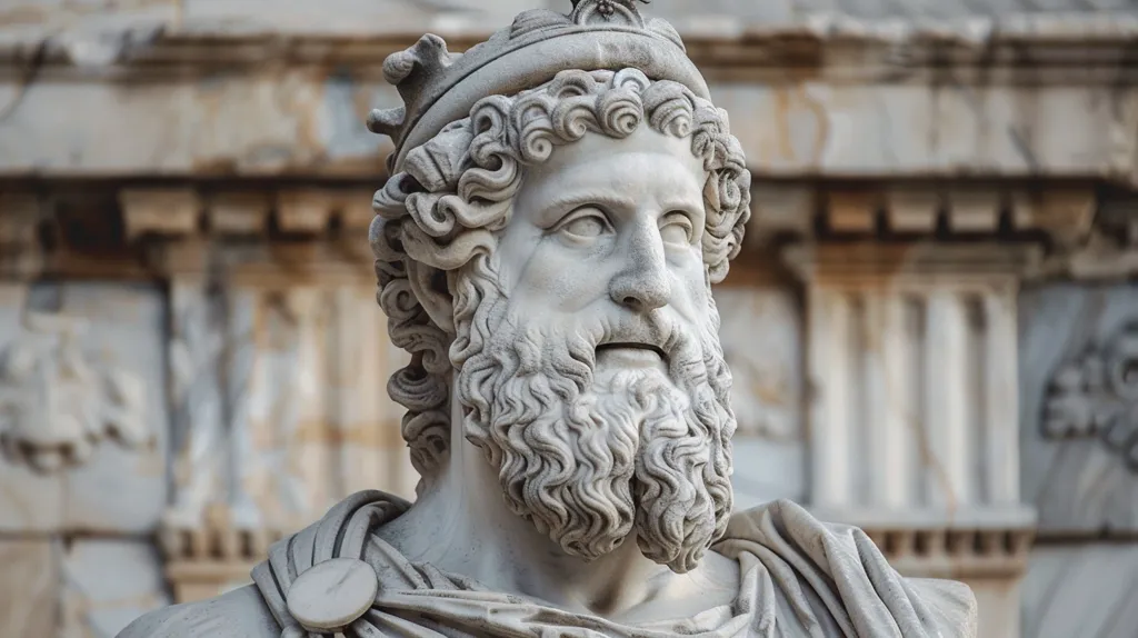 A close-up of a marble statue of a man with a crown and a thick beard. The statue is weathered and worn, with intricate details on the clothing and hair. The background is a blurred image of a stone building, likely an ancient Roman structure. The statue's intense gaze and regal demeanor convey a sense of power and authority.