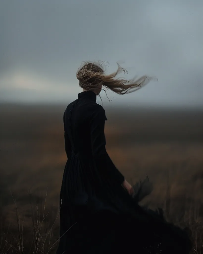 A woman in a black dress stands in a field, her long hair blowing in the wind. The sky is overcast and the landscape is muted, creating a sense of loneliness and isolation. The woman's back is to the viewer, suggesting a sense of mystery and introspection. The image evokes a feeling of melancholy and longing.
