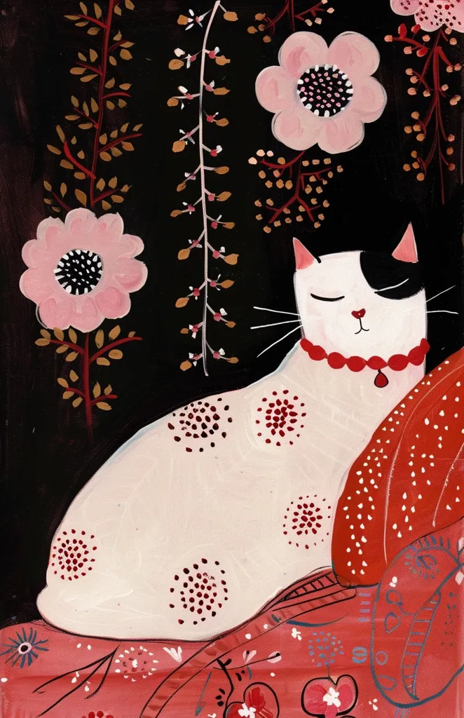 A white cat with black ears and a red collar is lying down on a red and white patterned bed. The cat is sleeping with its eyes closed. The background is a black canvas with pink flowers and brown stems. The image is a whimsical and stylized portrayal of a cat sleeping peacefully in a flower garden.