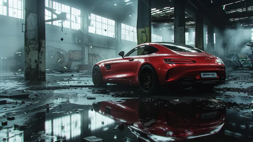 A red sports car sits in the middle of a large, abandoned warehouse. The car is wet and reflects the light from the windows. There is debris on the floor and a hazy atmosphere in the space, suggesting that the building is not in use. The car’s sleek design stands out against the industrial setting.