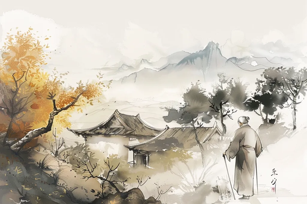 The image is a traditional Chinese ink painting. It depicts a serene landscape with a misty mountain range in the background. In the foreground, a figure in a flowing robe walks towards a traditional house with a thatched roof. The scene is painted in soft, muted tones, conveying a sense of peace and tranquility. The painting's overall aesthetic is minimalist and evocative, inviting viewers to contemplate the natural world and the passage of time.