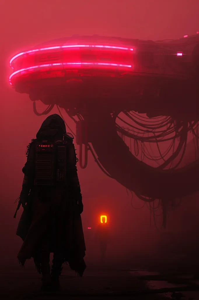 A lone figure in a hooded cloak and heavy backpack walks towards an orange light source in a red-hued foggy landscape. In the background, a large, futuristic craft with glowing pink lights hovers ominously. The scene is filled with an eerie atmosphere, hinting at a mysterious and possibly dangerous environment.  The image evokes a sense of isolation and anticipation.