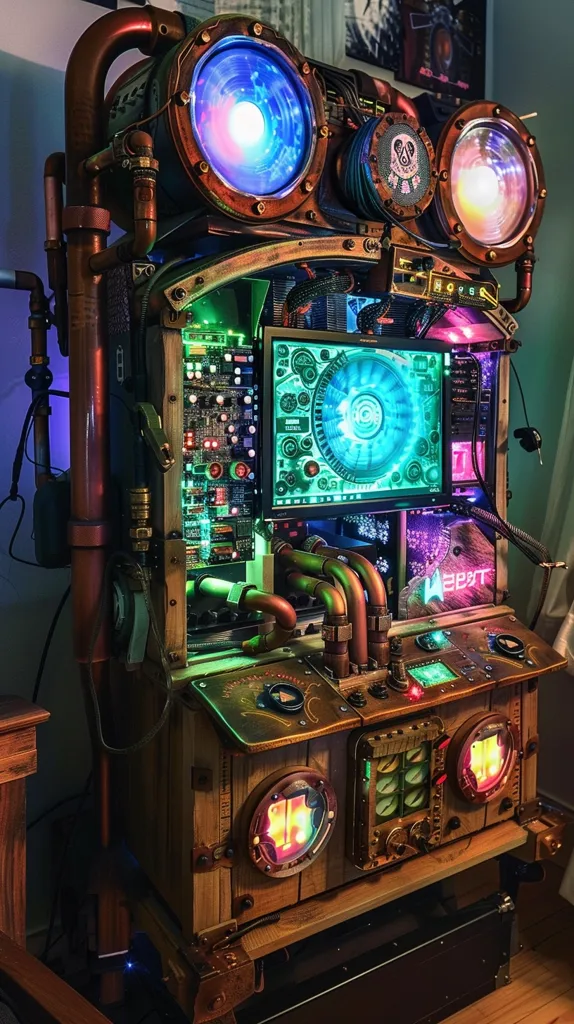 This is a custom-built computer case that has a steampunk aesthetic. The case is made of wood and metal, and it features various pipes, gears, and other steampunk-inspired details. The case is lit with colorful LED lights, which give it a futuristic look. The computer is housed inside the case, and it is visible through a window in the front. The case has a number of other features, such as a custom-designed motherboard and a custom-made power supply.