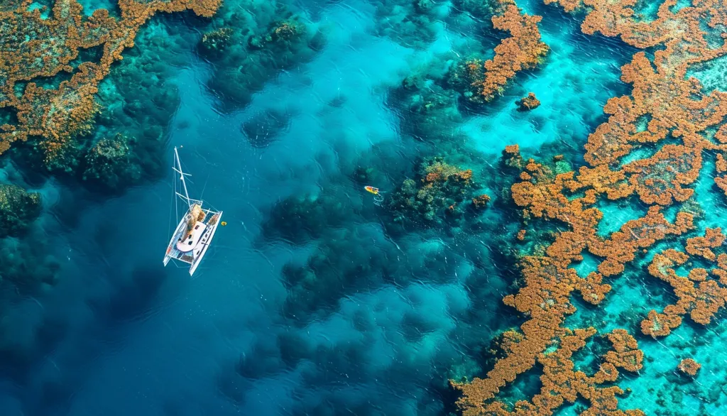 An aerial view of a vibrant coral reef in clear blue water. A white sailboat is anchored near the reef, and a small yellow kayak is paddling nearby. The reef is teeming with life, with corals of all shapes and sizes. The water is so clear that you can see the bottom of the reef. The scene is peaceful and serene, a beautiful example of nature's wonders.