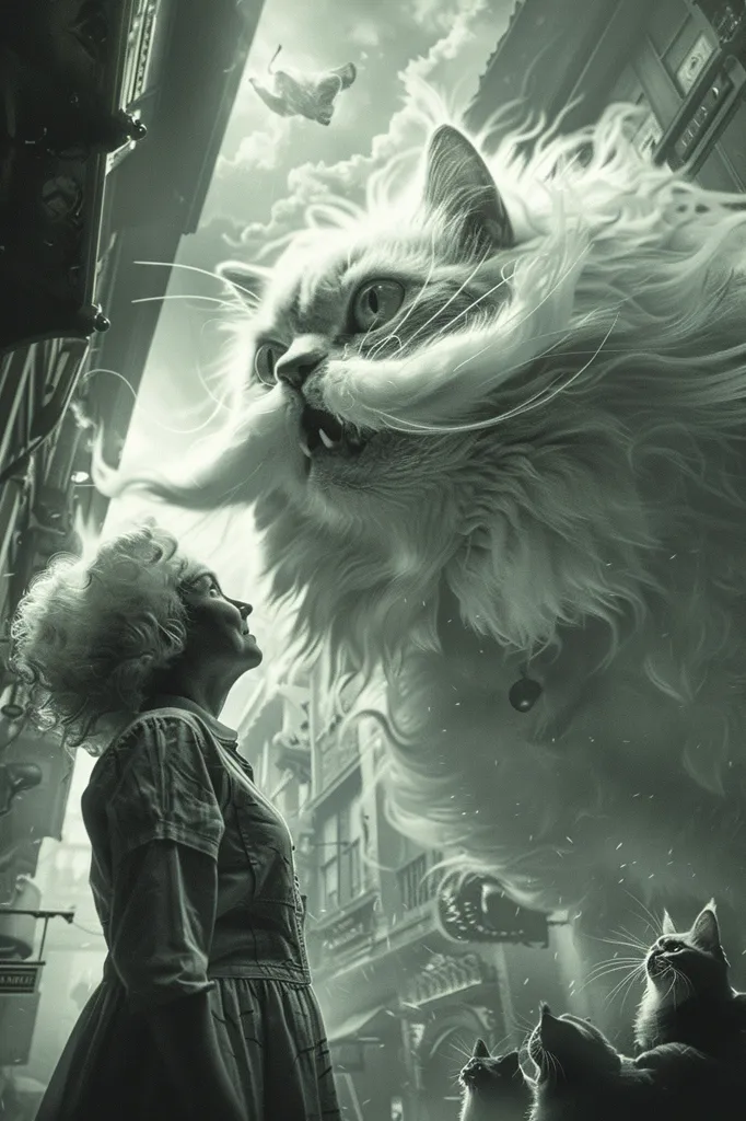 A giant, fluffy white cat with a long, flowing mustache towers over a woman in a long dress. The woman stands in awe, looking up at the cat. The cat's fur appears to be moving in the wind, and the image is full of a dreamy, ethereal quality. Smaller cats can be seen in the background, adding to the fantastical atmosphere.