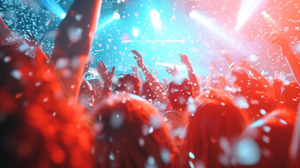 A large crowd of people are at a concert or party, their hands raised in the air. The crowd is lit by colorful stage lights, and confetti is falling down around them. The scene is energetic and exciting, capturing the thrill of a live performance.