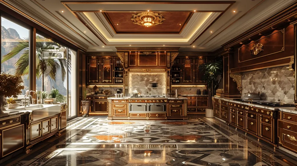 A luxurious kitchen with rich, dark wood cabinets adorned with gold accents. The space is filled with ornate details, including a patterned marble floor, a grand chandelier, and a view of palm trees through large windows. The kitchen features a large, professional-grade stove and an abundance of storage space. The overall design is opulent and reminiscent of a palace kitchen.