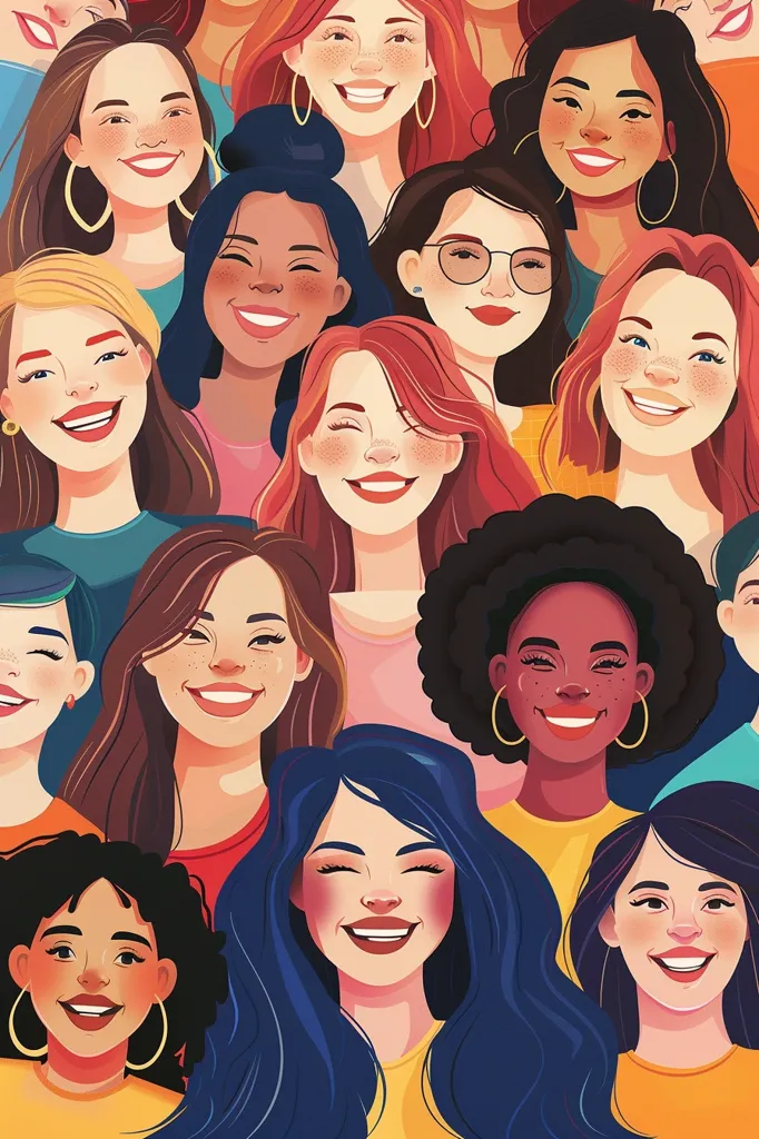 A colorful illustration of a diverse group of women. They all have bright smiles and are wearing different hairstyles and clothing. The women are arranged in a circle, creating a sense of unity and connection. Their expressions are joyful and welcoming, radiating positivity and a sense of community.