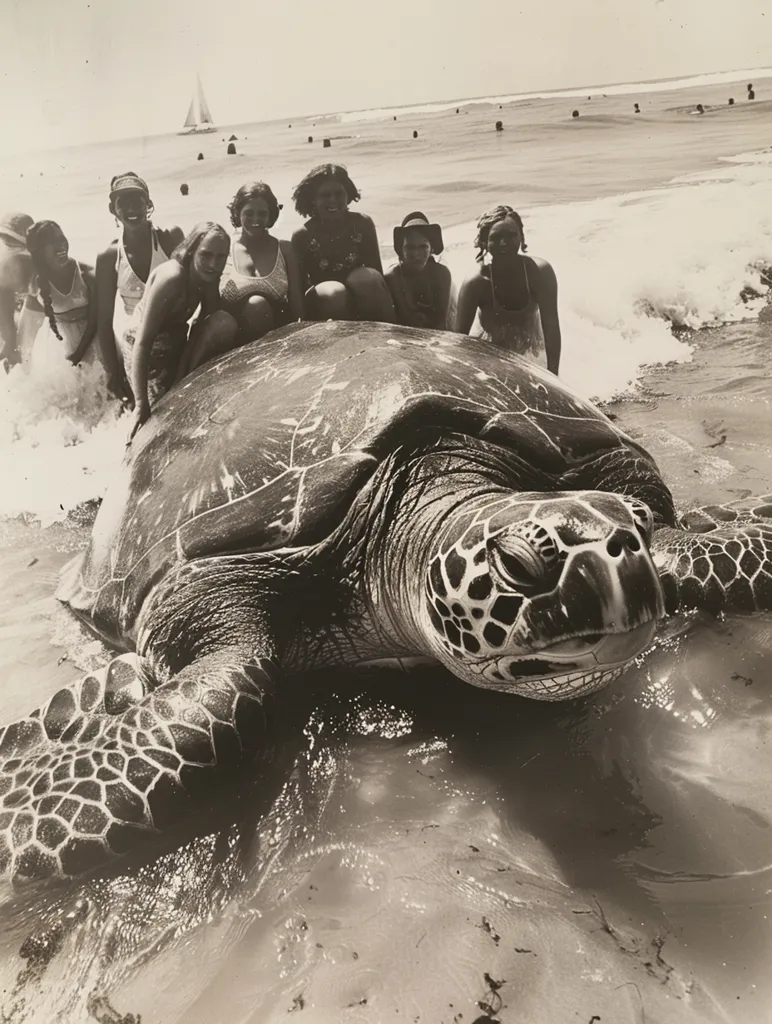 A large sea turtle rests on a sandy beach as a group of women pose on its back. The women are dressed in swimwear and appear to be enjoying their time with the turtle. The photo is black and white and captures a moment of human-animal interaction. The turtle’s shell is patterned and textured, with a peaceful expression. The scene is tranquil and idyllic, showcasing the beauty of nature and the connection between humans and wildlife.