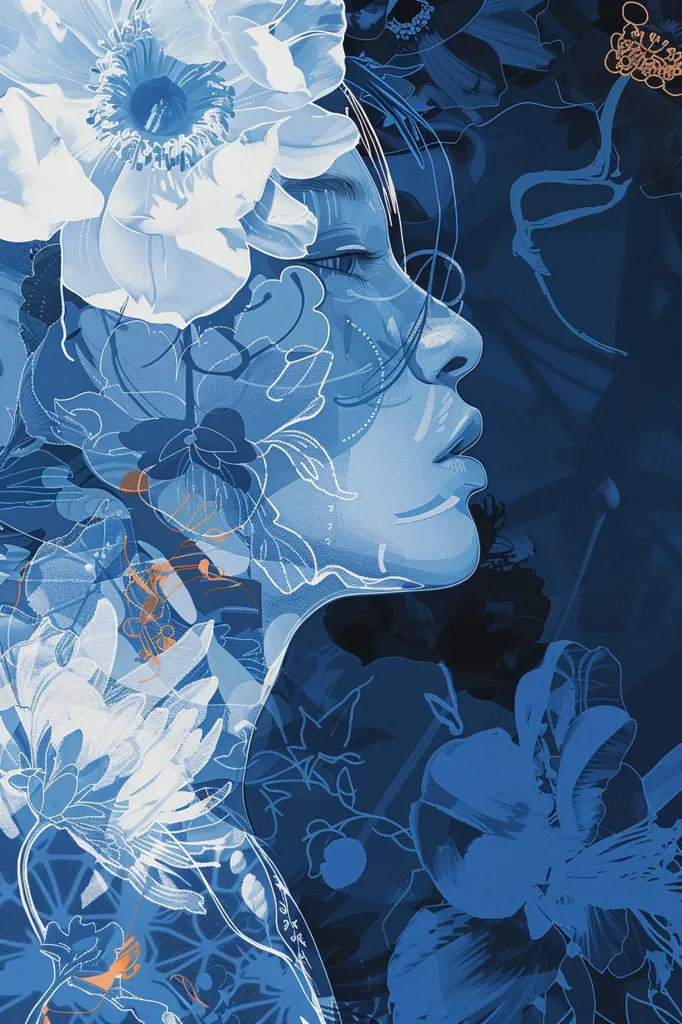 The image is a digital illustration featuring a woman's face partially obscured by a large white flower. The background is a blue and white floral pattern, with the colors merging and blending. The woman's expression is serene, with her eyes closed and a hint of a smile on her lips. The overall effect is one of peace and tranquility.  The illustration is striking in its simplicity, using only two colors to create a powerful and evocative image.