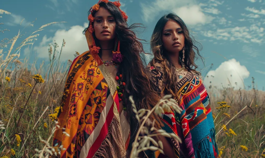 Two women with long, dark hair wear colorful, woven garments in a field of tall grass and wildflowers. The woman on the left wears a yellow, red, and black shawl with a floral crown in her hair. The woman on the right wears a blue, red, and yellow shawl and has a long, gold chain necklace. Both women have dark makeup, and their expressions are serious. The sky is a hazy blue with puffy white clouds.  The image evokes a sense of strength and beauty.