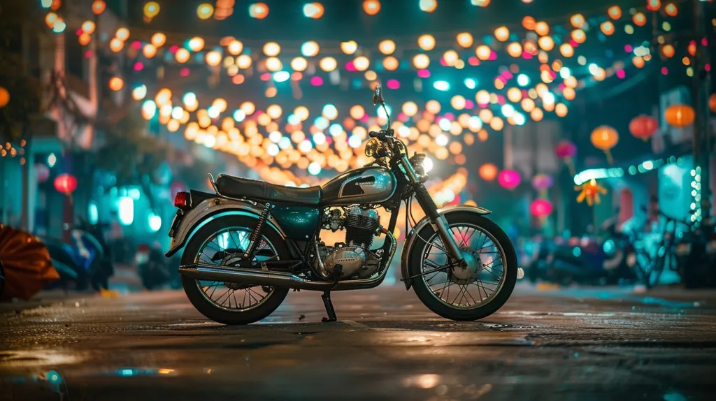 A vintage motorcycle sits in the middle of a street lined with colorful, blurred lights. The bike is metallic green with a black seat and black wheels. The lights are in the background, creating a festive atmosphere.  The street is wet from a recent rain, reflecting the colorful lights. The scene has a retro and cinematic feel, suggesting a romantic night out.