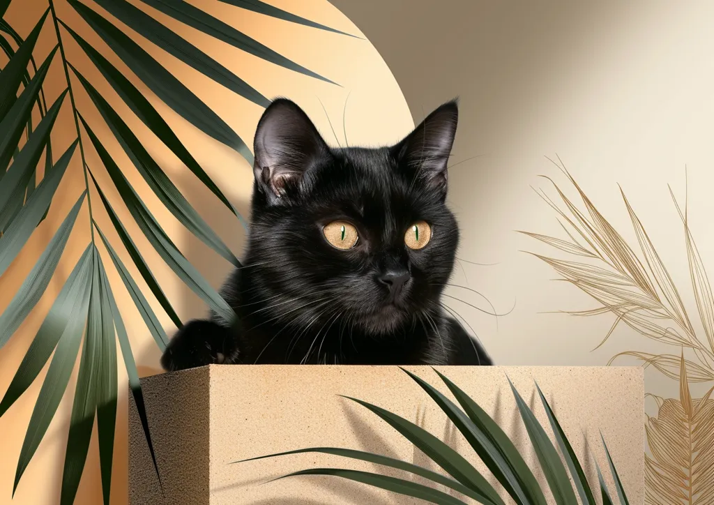 A black cat with bright green eyes sits on a tan block. It stares intently at something off-camera. The cat is surrounded by palm leaves, and a pale beige circle and a drawn frond of palm leaves are in the background. The image is minimalist and stylized.