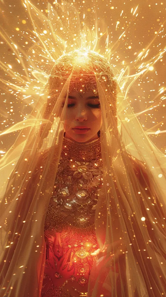 A woman in a gold and red dress, with her face obscured by a veil, stands against a background of shimmering golden light. Her eyes are closed, and she holds a glowing orb in her hand, radiating warmth and energy. The image evokes a sense of mystery and spirituality.