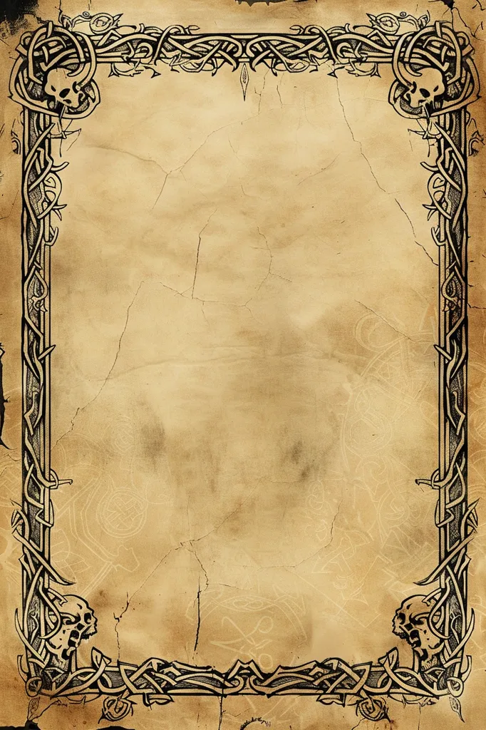 The image is a parchment with an ornate black border. The border is made up of interlacing vines and skulls, giving it a gothic feel. The parchment is aged and worn, with cracks and a yellowed hue, adding to its antique appearance. The design suggests a page from a forgotten grimoire or ancient book.