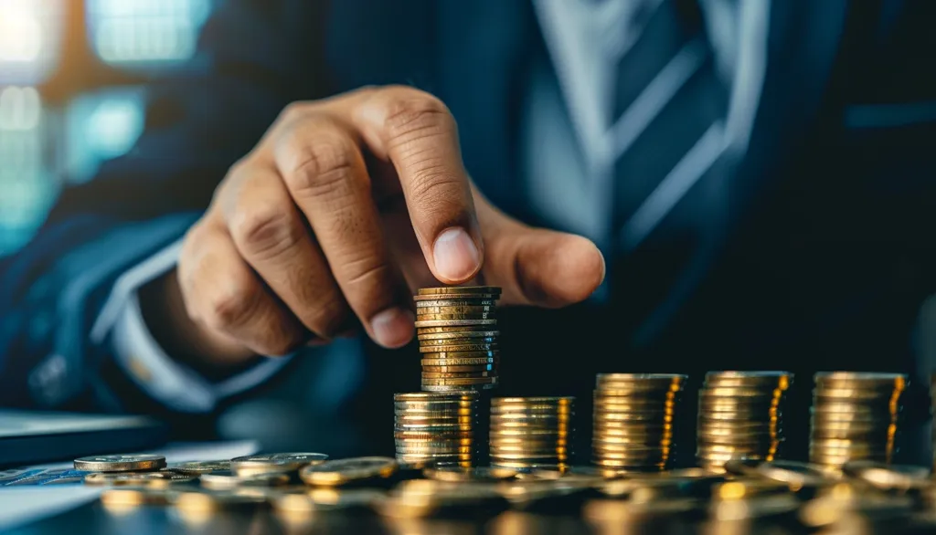 A person in a business suit is carefully placing a stack of gold coins on top of a growing pile of coins. The hand is in focus, highlighting the act of building wealth.  The background is blurred, emphasizing the importance of the coins. The image conveys a sense of financial growth and success.