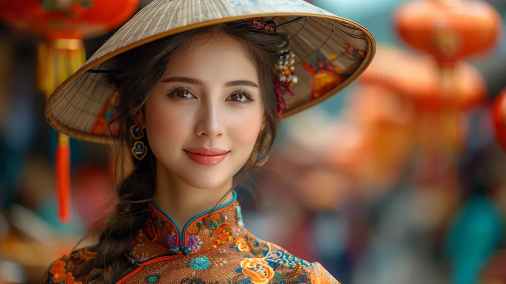 A young woman with long dark hair and striking eyes gazes directly at the camera. She is wearing a traditional Vietnamese conical hat, a colorful silk tunic, and dangling earrings. Her smile is gentle and inviting. The background is blurred, filled with vibrant colors of a bustling marketplace or festival.