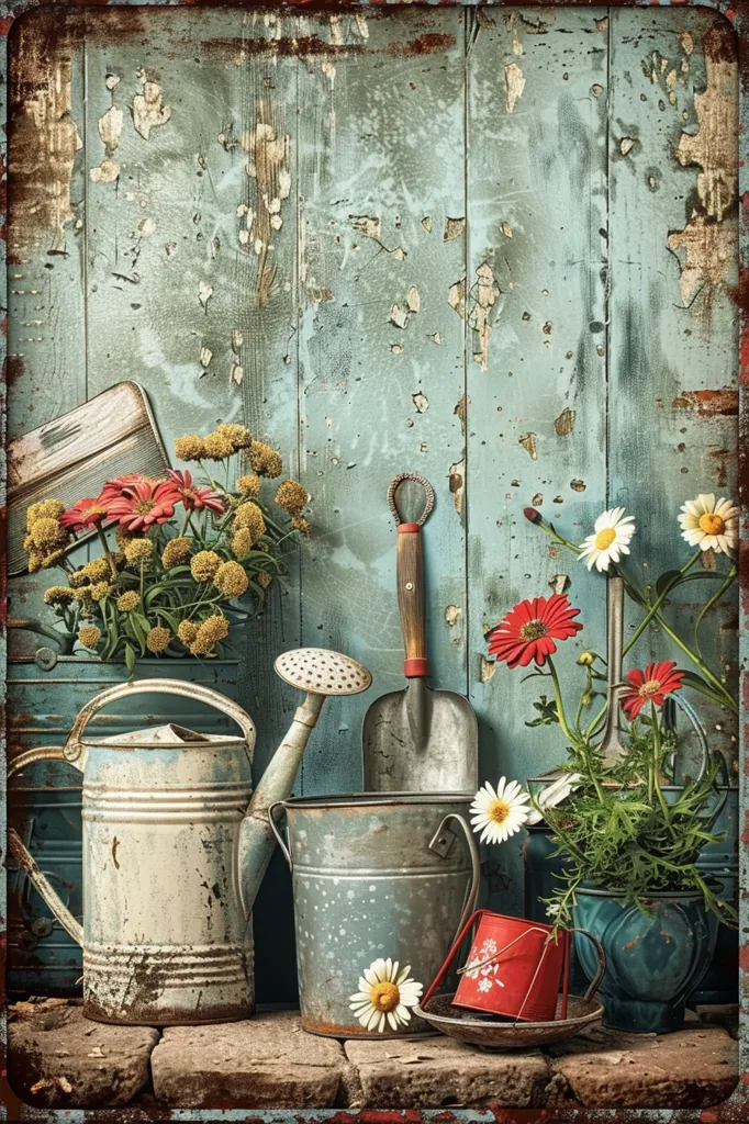 The image shows a collection of gardening tools and flowers arranged in front of a weathered wooden background. A rusty watering can, a metal bucket, a trowel, and a small red pot are placed next to each other on a brick surface. A bouquet of colorful flowers with white daisies is in a brown pot.  The rustic setting creates a charming and nostalgic ambiance.