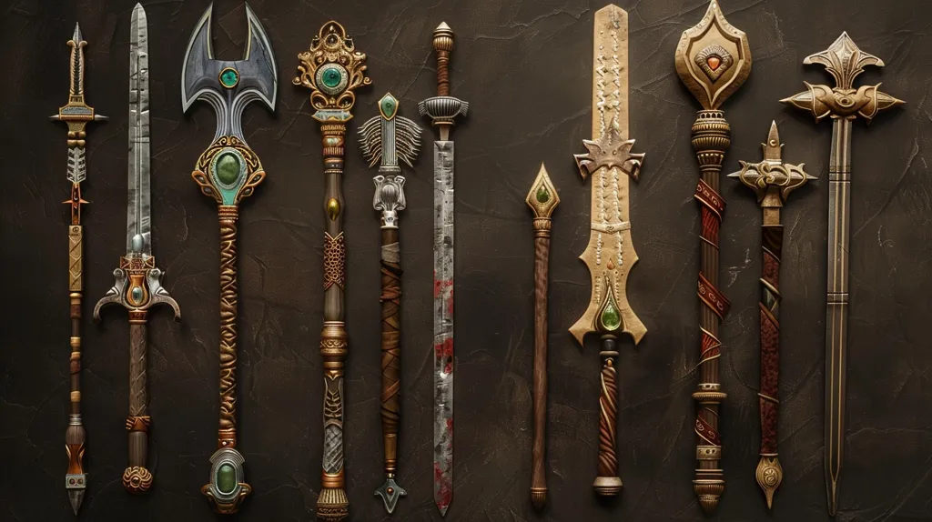 A collection of ten fantasy weapons are arranged in a row against a dark grey background. The weapons are a mix of swords, axes, maces, and staffs, all with ornate gold and silver embellishments. They feature intricate details, including gems, leather wraps, and etched patterns, creating a visually captivating display of weaponry. The weapons' sharp edges and intricate designs suggest a sense of both beauty and danger.