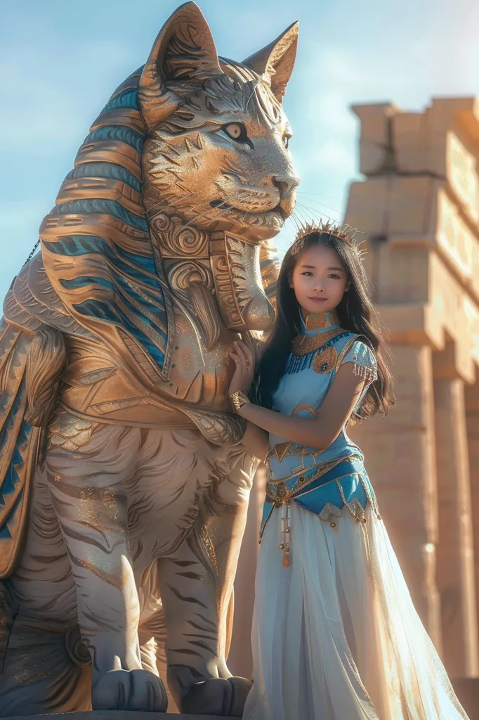 A young woman in a flowing white dress adorned with intricate blue and gold patterns stands beside a majestic golden cat statue. The woman wears a crown and has long dark hair. The statue is intricately detailed with blue and gold accents. The background features an ancient structure with a muted, warm color palette. The scene evokes a sense of fantasy and ancient grandeur.