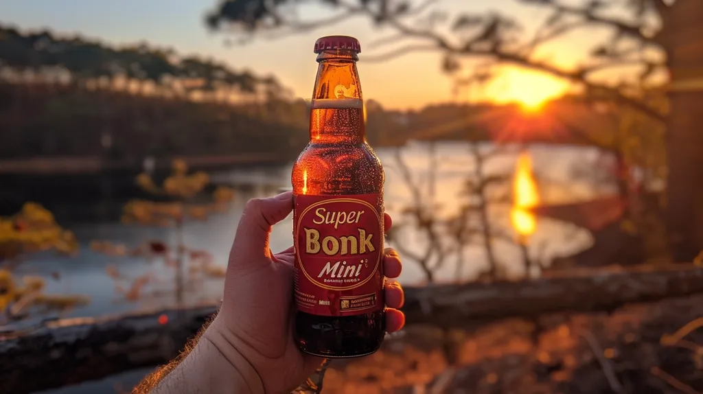 A hand holds a bottle of "Super Bonk Mini" beer in front of a blurry sunset background. The bottle is condensation-covered and the sun glows in the distance behind a body of water. The scene suggests a relaxed evening in nature.