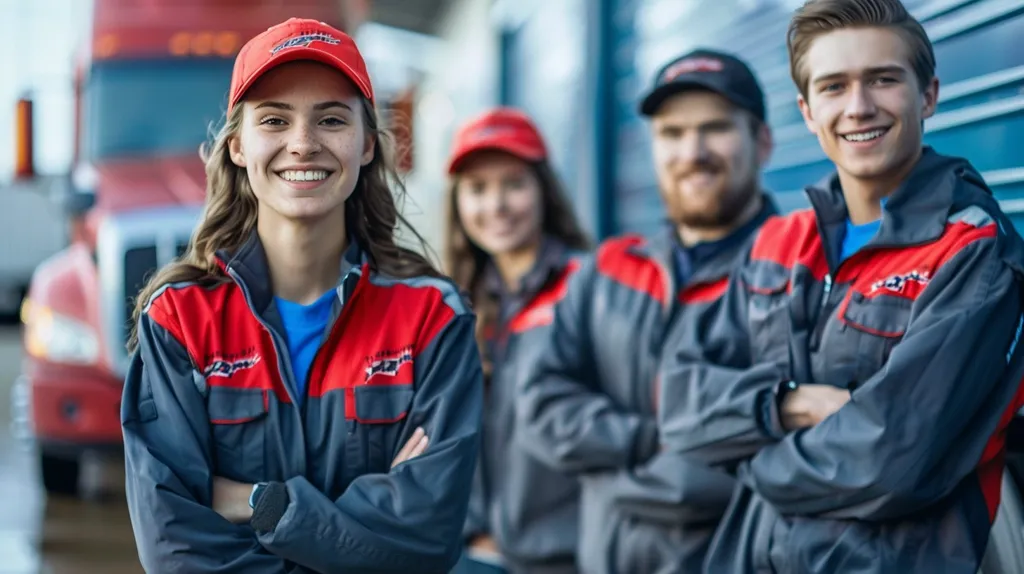 Four people wearing red and grey work uniforms stand in front of a red truck. The woman in the foreground is smiling and her arms are crossed. The man to her right is also smiling with his arms crossed. The other two people are partially visible in the background. The background is blurred.