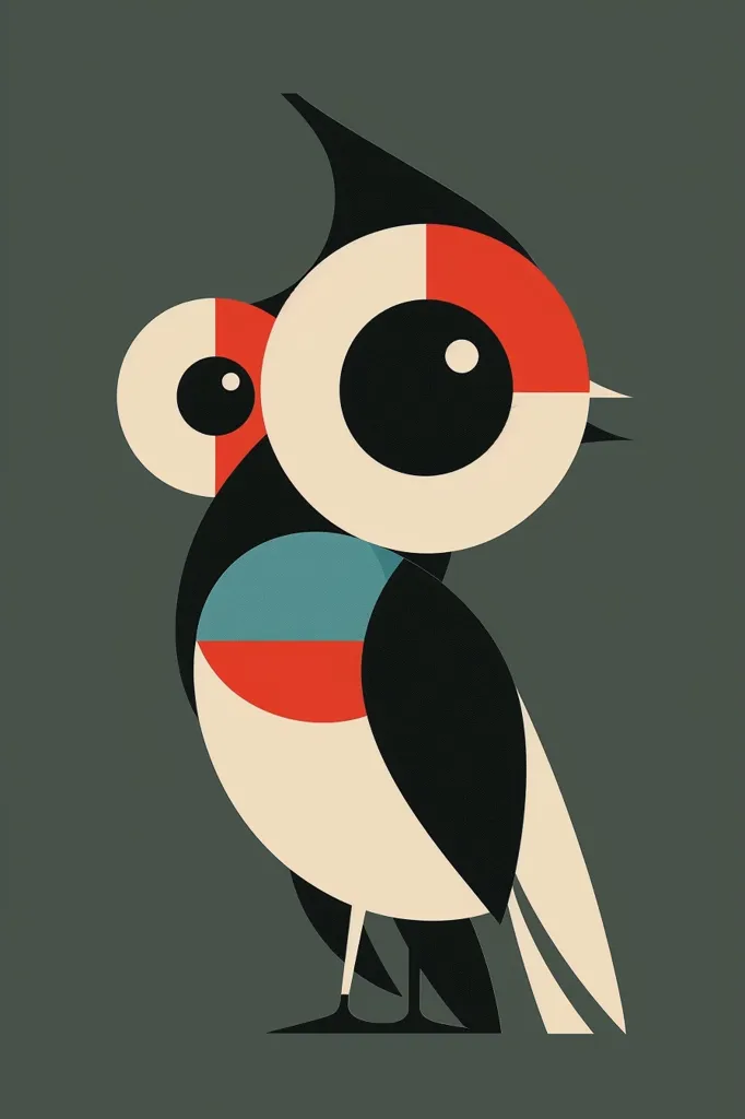 The image depicts a stylized bird with large, round eyes and a geometric body. The bird is primarily black and white with red and blue accents. Its body is composed of circles, ovals, and triangles, creating a modern and abstract design. The bird stands on a dark gray background. The image has a whimsical and playful tone.