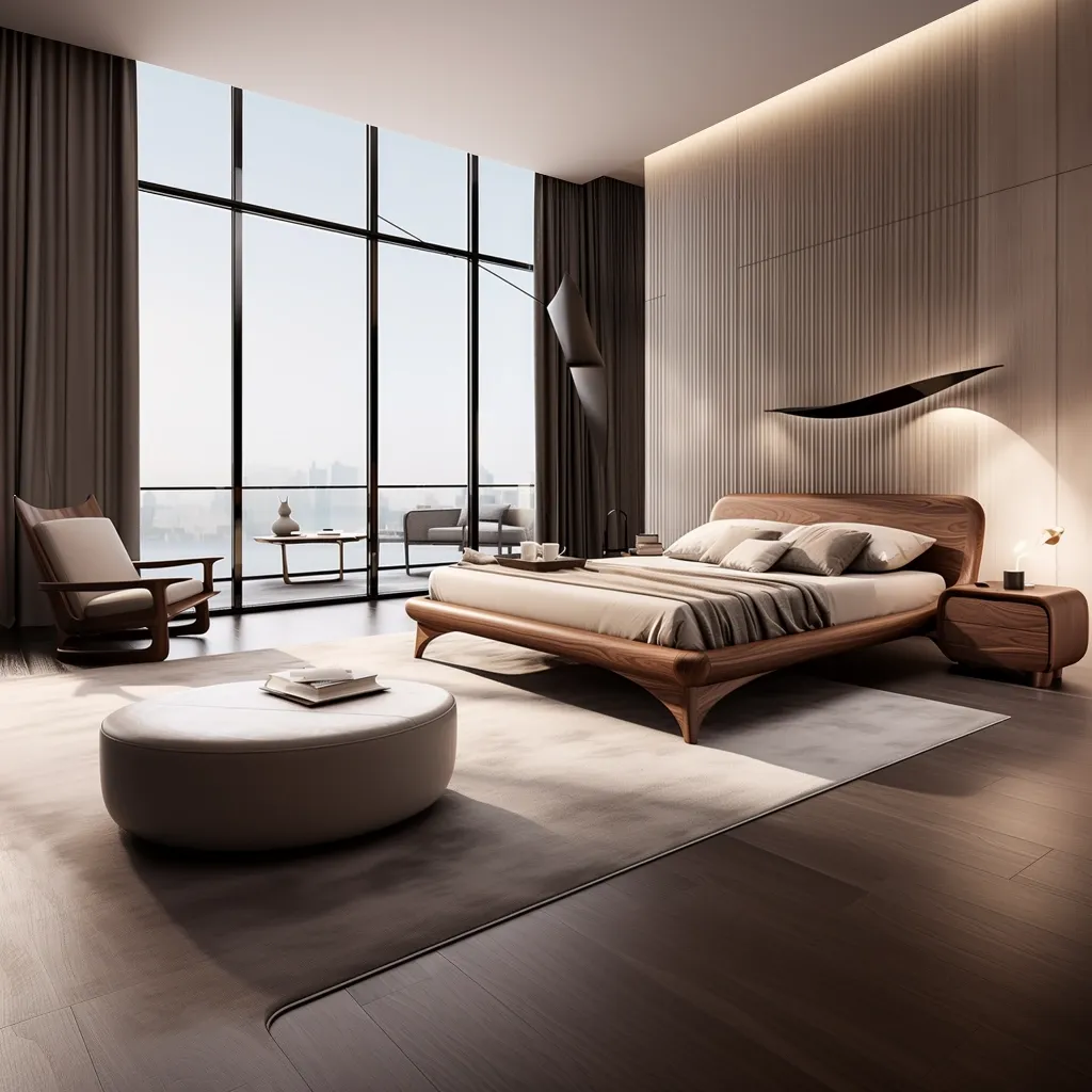 The image shows a modern bedroom with a large window overlooking a city skyline. The room is decorated in a minimalist style, with a wooden bed, a white ottoman, and a light brown rug. The bed has a curved headboard and a unique wooden frame. The room is lit by natural light from the window and artificial light from a ceiling fixture. There is a small side table next to the bed. The overall atmosphere of the room is calm and sophisticated.
