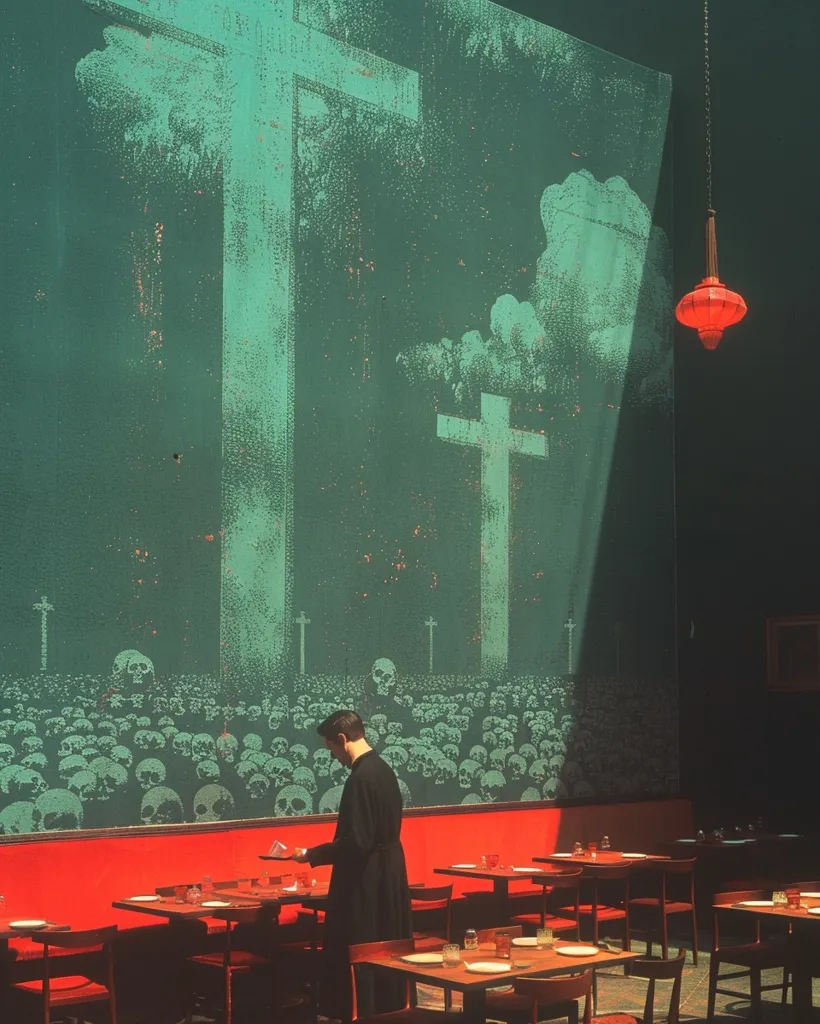 A man in a black robe stands in front of a large green wall. The wall depicts a field of skulls, crosses, and clouds. The scene is bathed in sunlight and there are several tables and chairs in the foreground, some of which are empty and some occupied. A red lantern hangs from the ceiling in the background.  The man appears to be walking towards the camera, holding a tray with drinks. The image is dark and mysterious.