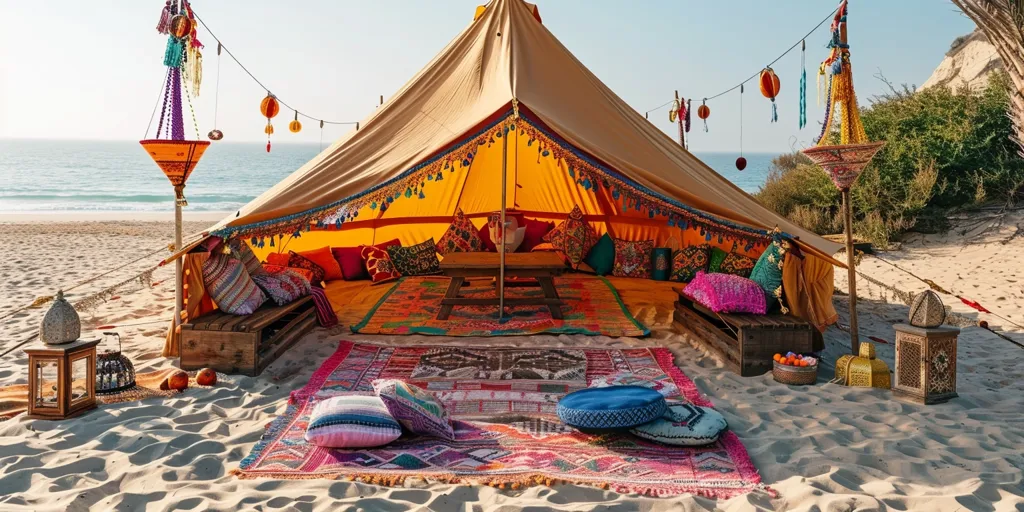 A large, intricately decorated tent sits on a sandy beach, adorned with colorful fabrics, pillows, and lanterns. The tent is open, revealing a cozy interior with a wooden table and seating. The scene is a mix of bohemian and nomadic aesthetics, evoking a sense of relaxed comfort and adventure. The ocean is visible in the background, creating a serene and inviting atmosphere.