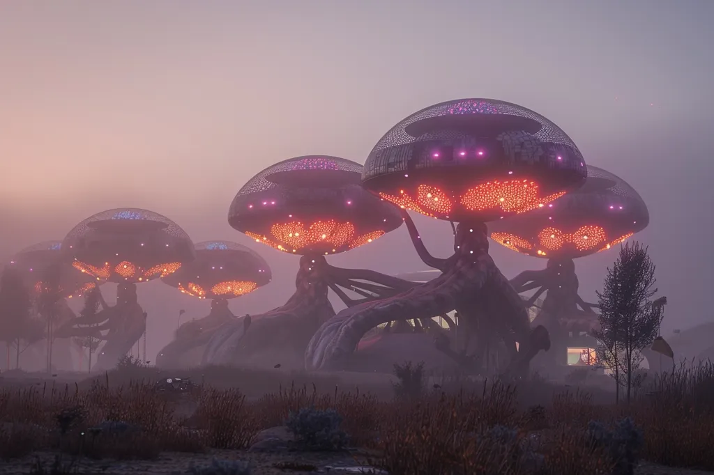 A cluster of glowing, bioluminescent mushroom-shaped structures stand in a foggy, ethereal landscape.  They resemble giant, organic spacecraft, with intricate, branching stems and a soft, pink glow emanating from their undersides.  The scene is reminiscent of a dreamlike, surreal world.