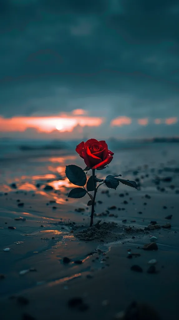 A single red rose stands tall on a sandy beach at sunset. The sky is a mix of blue and orange, with the sun setting in the distance. The rose is the only splash of color against the muted tones of the sand and water. The scene is peaceful and serene.