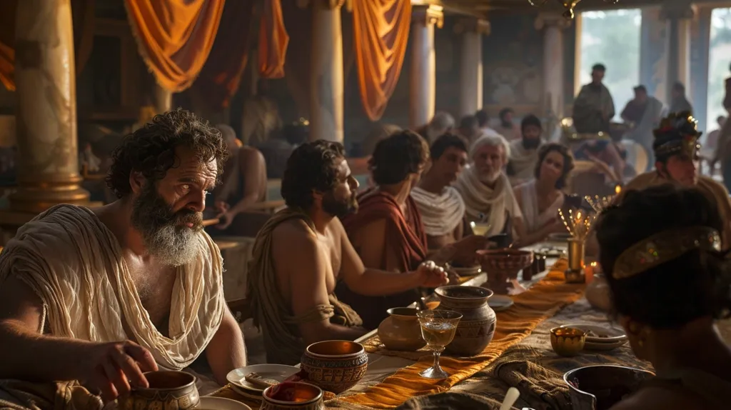 A group of men and women sit at a long table, adorned with ornate bowls and goblets, in a grand hall. The men wear tunics and have long beards, while the women wear flowing robes. The atmosphere is luxurious and opulent, with rich fabrics, golden accents, and flickering candlelight. One man in particular, with a thoughtful expression, sits at the head of the table, his gaze directed towards the center of the scene.