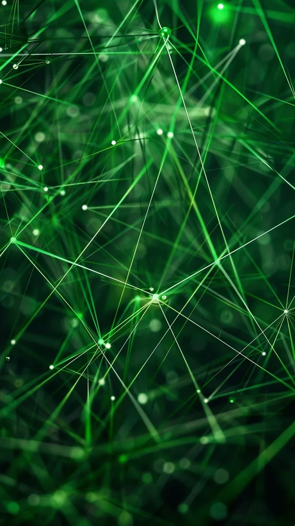 The image shows a close-up of a network of thin, green lines with small, white dots at each intersection. The lines create a complex web-like pattern that appears to be woven through a field of grass. The background is a blurry green, giving the impression of depth and a natural setting. The image has an abstract feel and conveys a sense of connection and complexity.