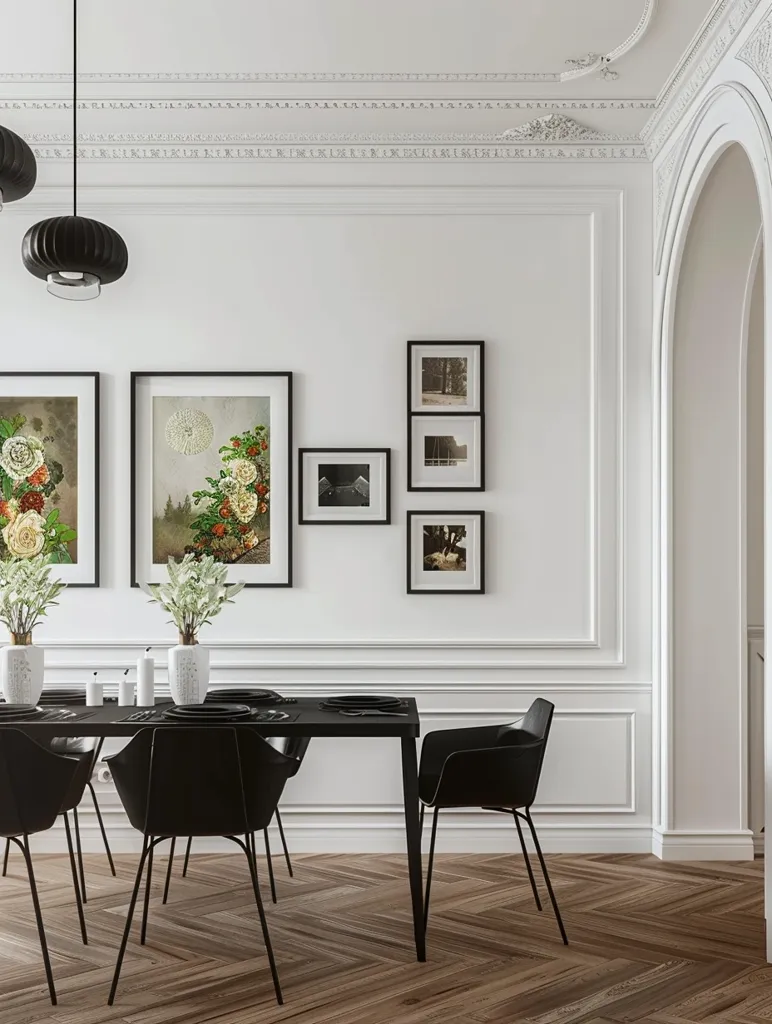 The image shows a modern dining room with a black dining table and chairs. The walls are white with ornate molding and framed artwork. A black pendant light hangs over the table. The room has a large arched doorway leading into another room. The floor is a herringbone pattern in wood.