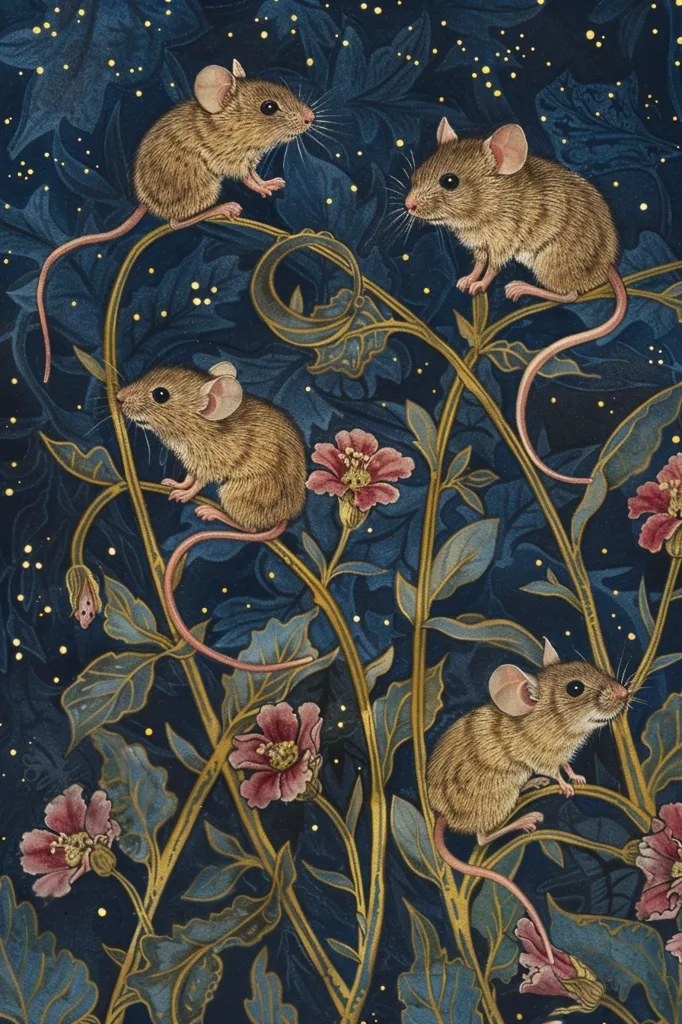 Four brown mice with long tails are perched on intricate golden vines that wind through a dark blue background. The vines are adorned with pink flowers and delicate foliage. The background is covered in a subtle pattern of gold and white dots, creating a starry night feel. The scene is rendered in a detailed and realistic style, highlighting the delicate beauty of the mice and their surroundings.